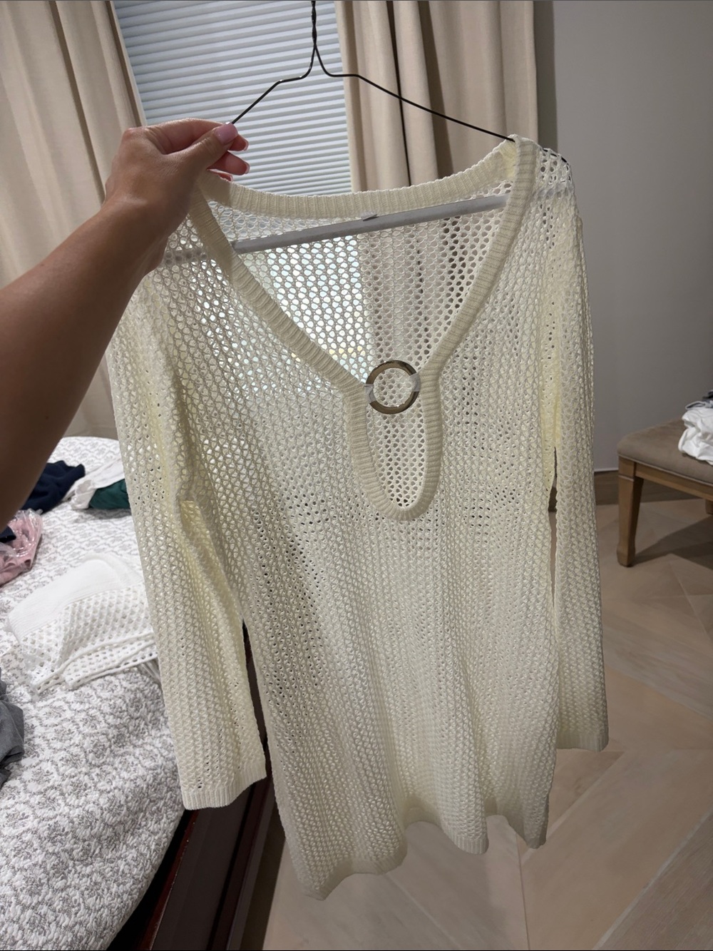 Ivory Open-Knit Sweater Tunic with Ring Detail